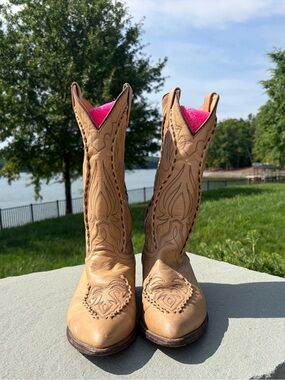 Vintage Abilene Tan Leather Cowboy Boots Women’s 10.5B Whipstitch Boho Western